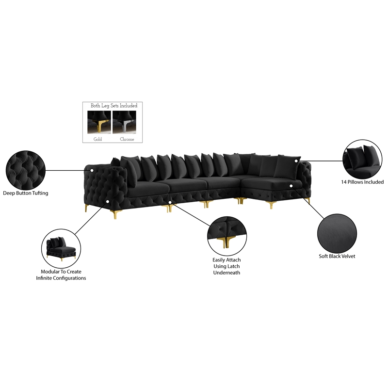 Pemberly Row Black Velvet Modular Sectional with Gold & Chrome Legs