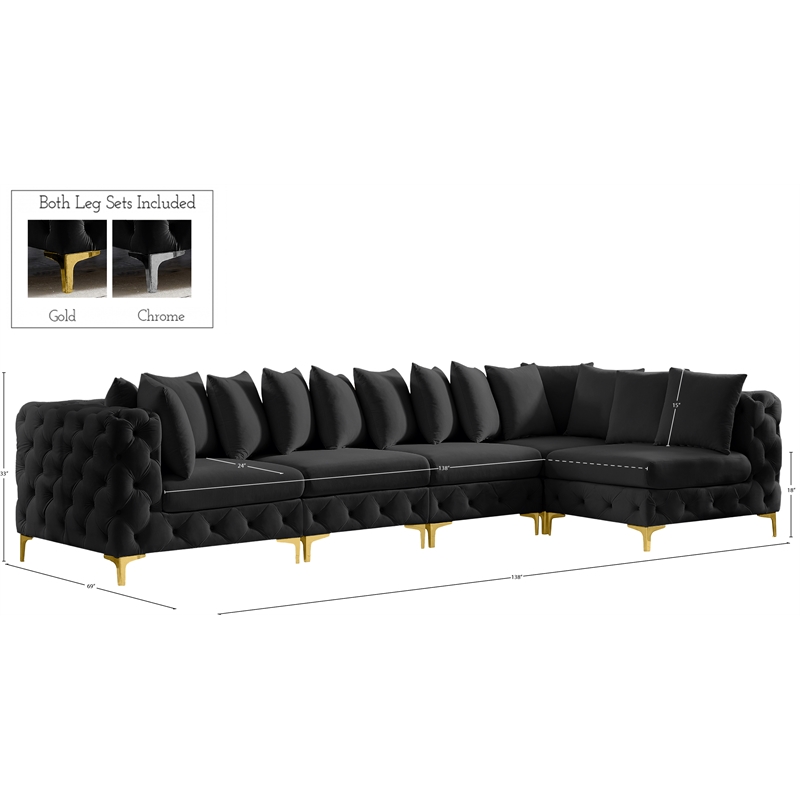 Pemberly Row Black Velvet Modular Sectional with Gold & Chrome Legs