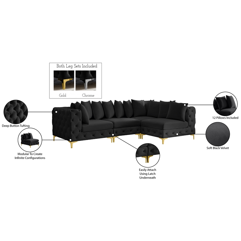 Pemberly Row Black Velvet Modular Sectional with Gold & Chrome Legs