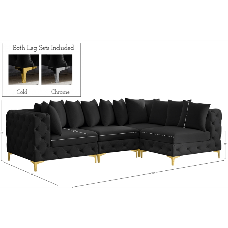 Pemberly Row Black Velvet Modular Sectional with Gold & Chrome Legs
