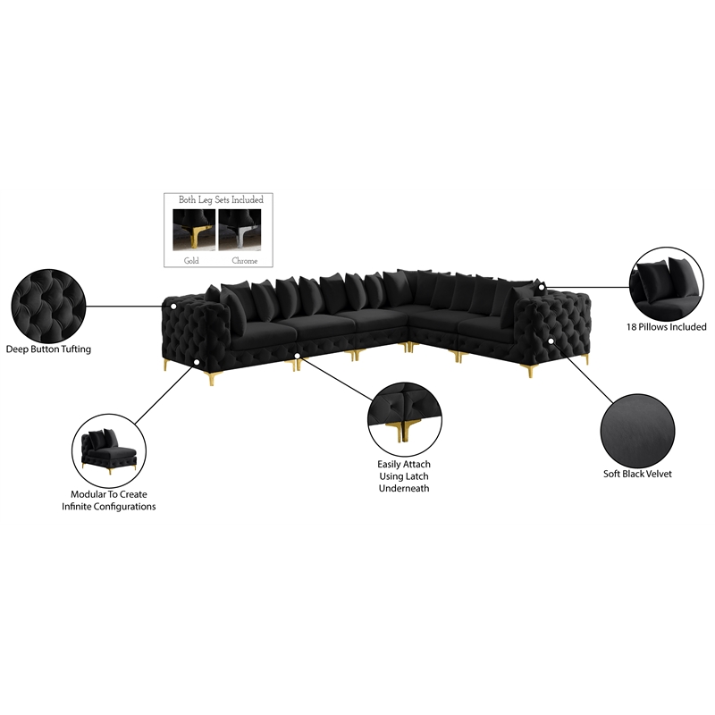Pemberly Row Black Velvet Modular Sectional with Gold & Chrome Legs
