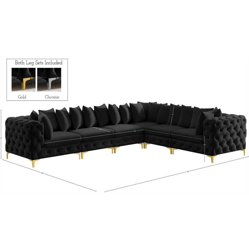 Pemberly Row Black Velvet Modular Sectional with Gold & Chrome Legs