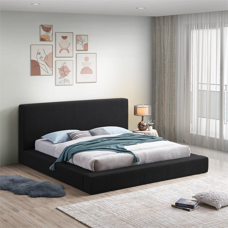 Pemberly Row King Bed in Black Boucle Fabric with Thick Rails