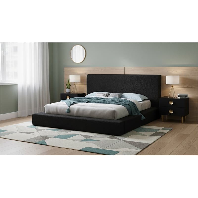 Pemberly Row King Bed in Black Boucle Fabric with Thick Rails