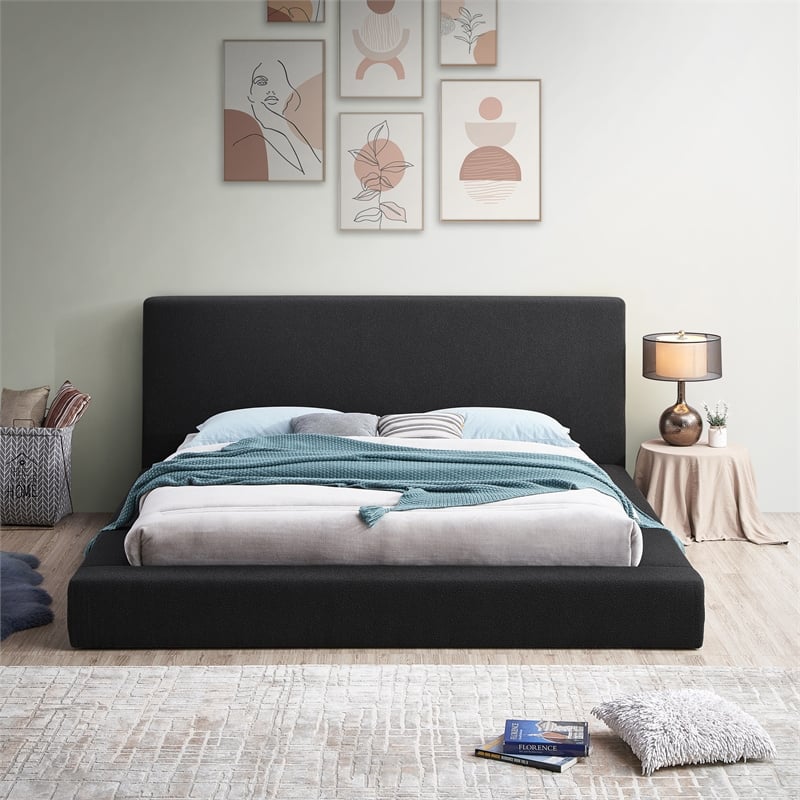 Pemberly Row King Bed in Black Boucle Fabric with Thick Rails