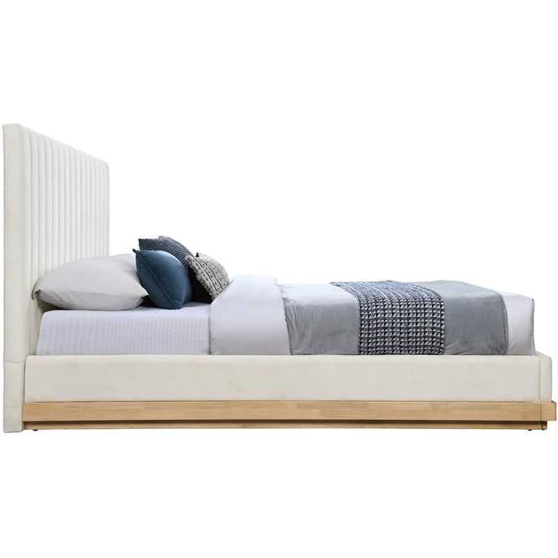 Pemberly Row King Bed in Cream Chenille Fabric with Wood Base