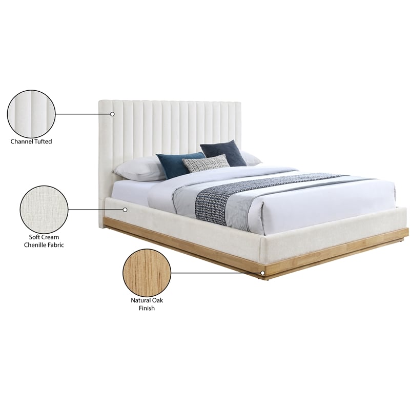 Pemberly Row King Bed in Cream Chenille Fabric with Wood Base