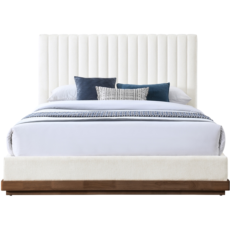 Pemberly Row Queen Bed in Cream Chenille Fabric with Walnut Finish