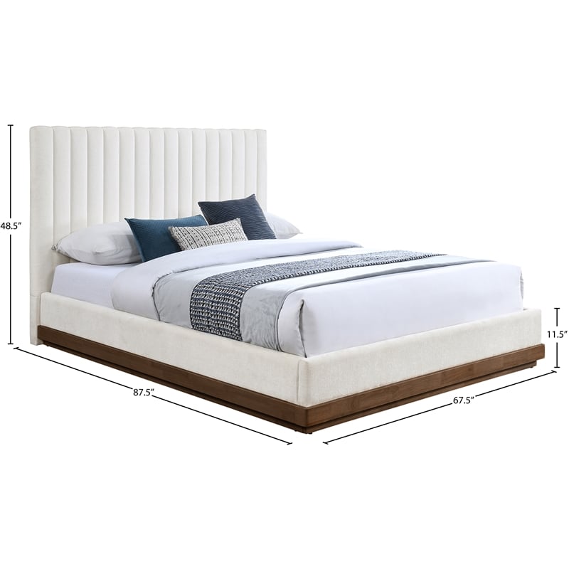 Pemberly Row Queen Bed in Cream Chenille Fabric with Walnut Finish