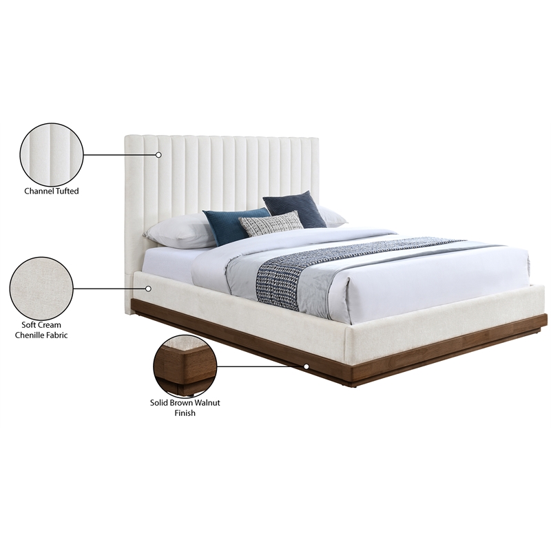 Pemberly Row Queen Bed in Cream Chenille Fabric with Walnut Finish