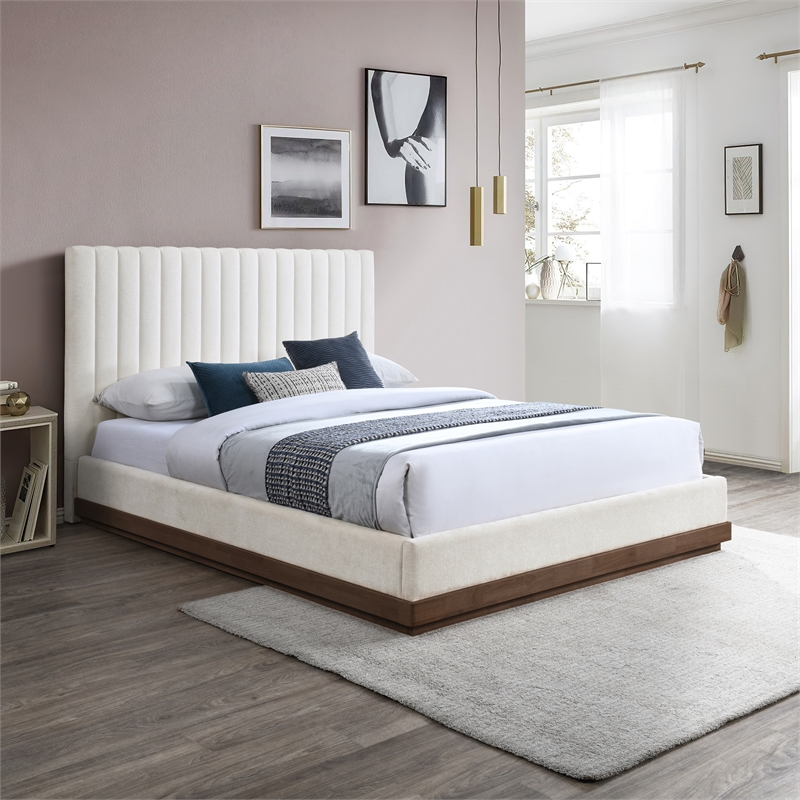Pemberly Row Full Bed in Cream Chenille Fabric with Walnut Finish Base