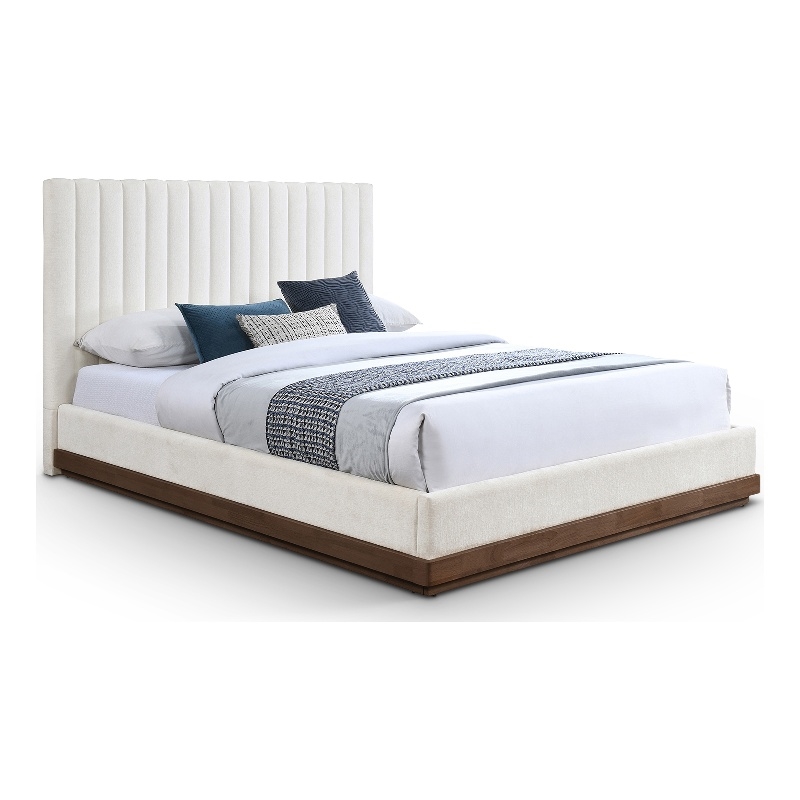 Pemberly Row Full Bed in Cream Chenille Fabric with Walnut Finish Base