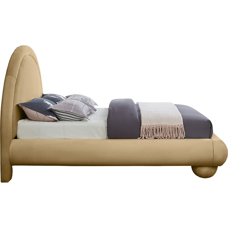 Pemberly Row Camel Velvet Queen Bed with Sculptural Arched Headboard