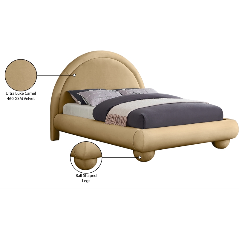 Pemberly Row Camel Velvet Queen Bed with Sculptural Arched Headboard