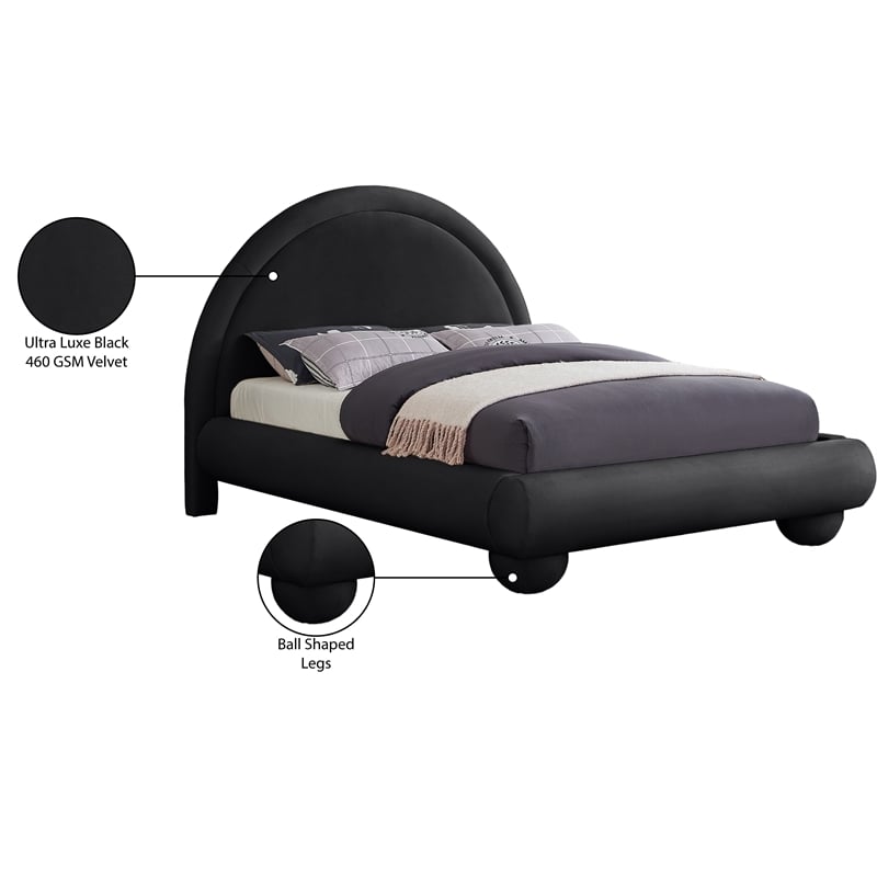 Pemberly Row Black Velvet Queen Bed with Sculptural Arched Headboard
