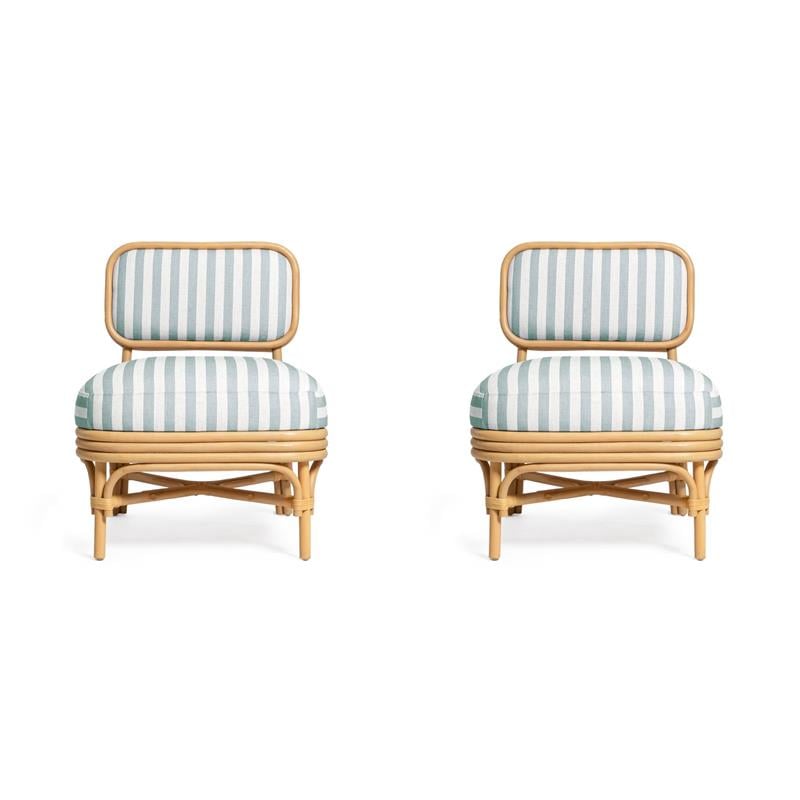 Pemberly Row Set of 2 Mint Green Striped Accent Chairs with Rattan Frames