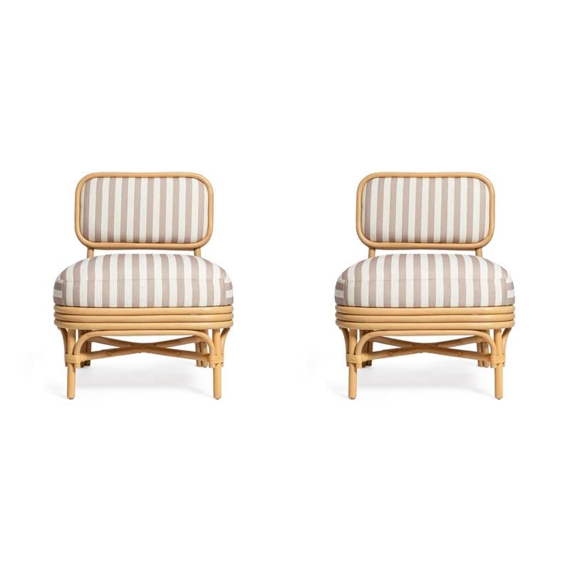 Pemberly Row Set of 2 Khaki Striped Rattan Accent Chairs in Retro Style