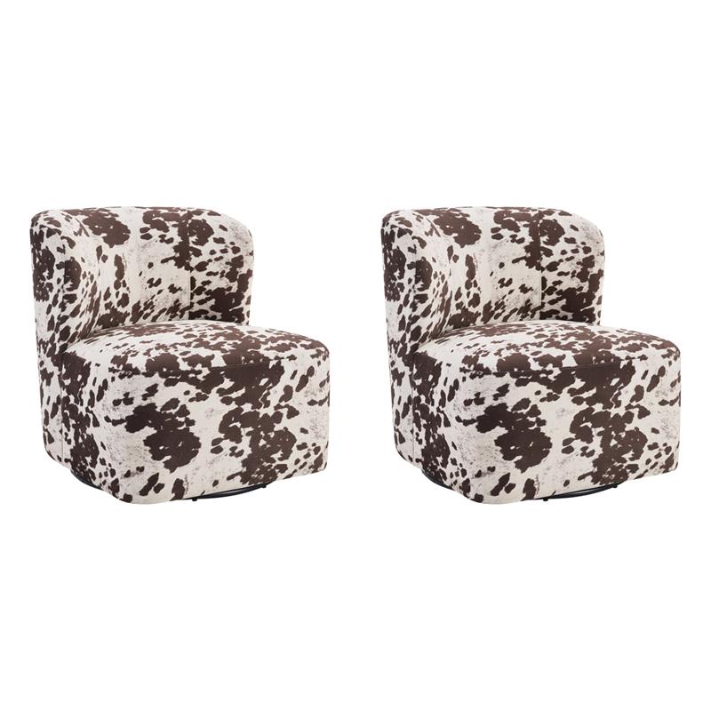 Pemberly Row Set of 2 Modern Accent Chairs in Brown Cow Fabric