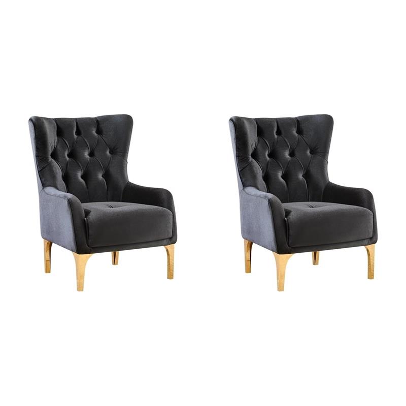 Pemberly Row Set of 2 Modern Black Tufted Accent Chairs with Gold Legs