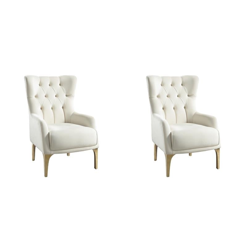 Pemberly Row Set of 2 Modern White Tufted Accent Chairs with Gold Legs