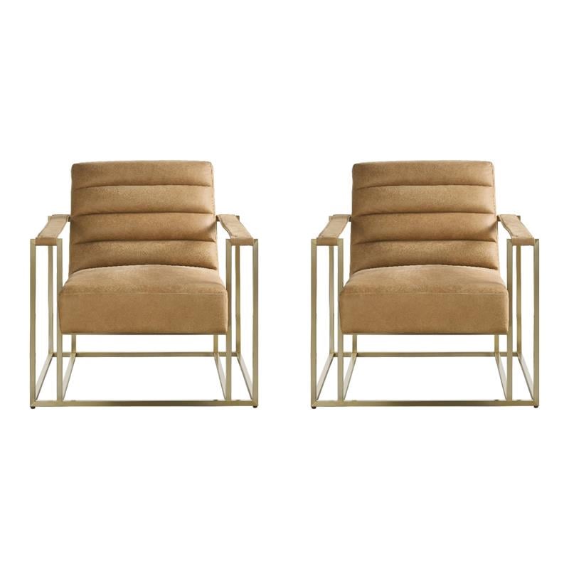 Pemberly Row Set of 2 Modern Tan Leather Accent Chairs with Angular Frames