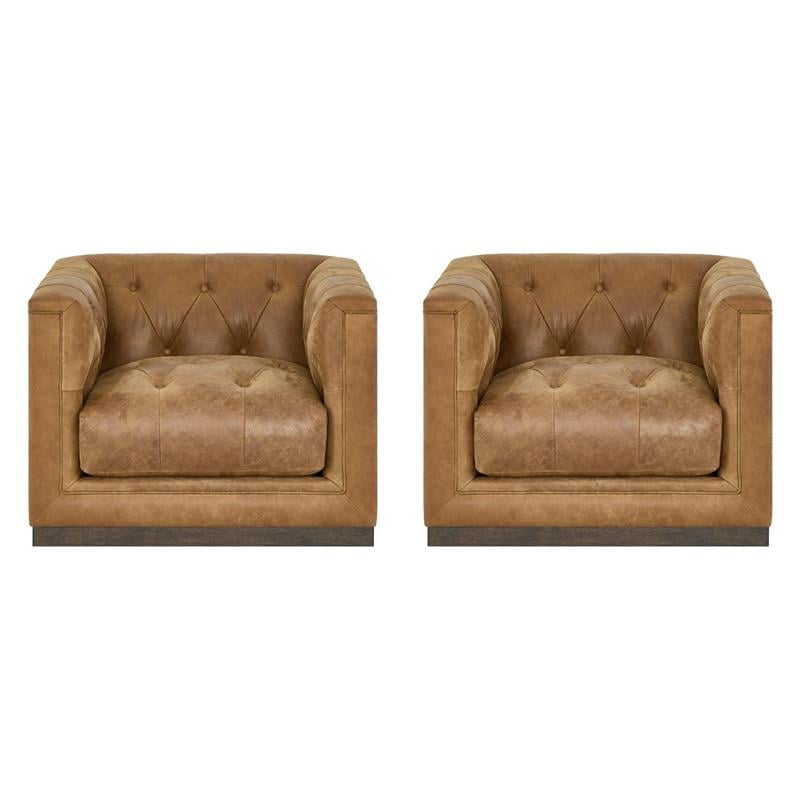 Pemberly Row Set of 2 Modern Brown Leather Button-Tufted Swivel Chairs