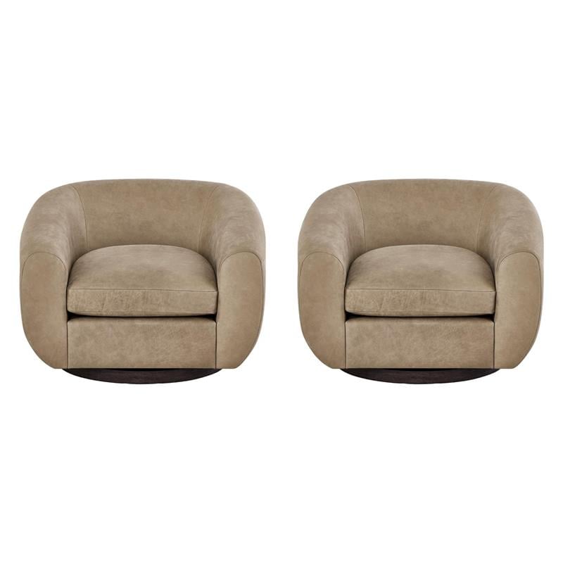 Pemberly Row Set of 2 Toffee Brown Leather Swivel Chairs with Oak Bases