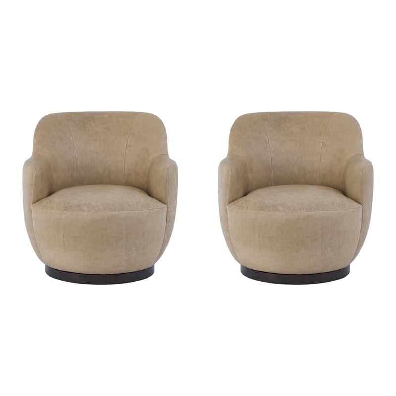 Pemberly Row Set of 2 Sculptural Tan Leather Swivel Chairs with Sable Bases