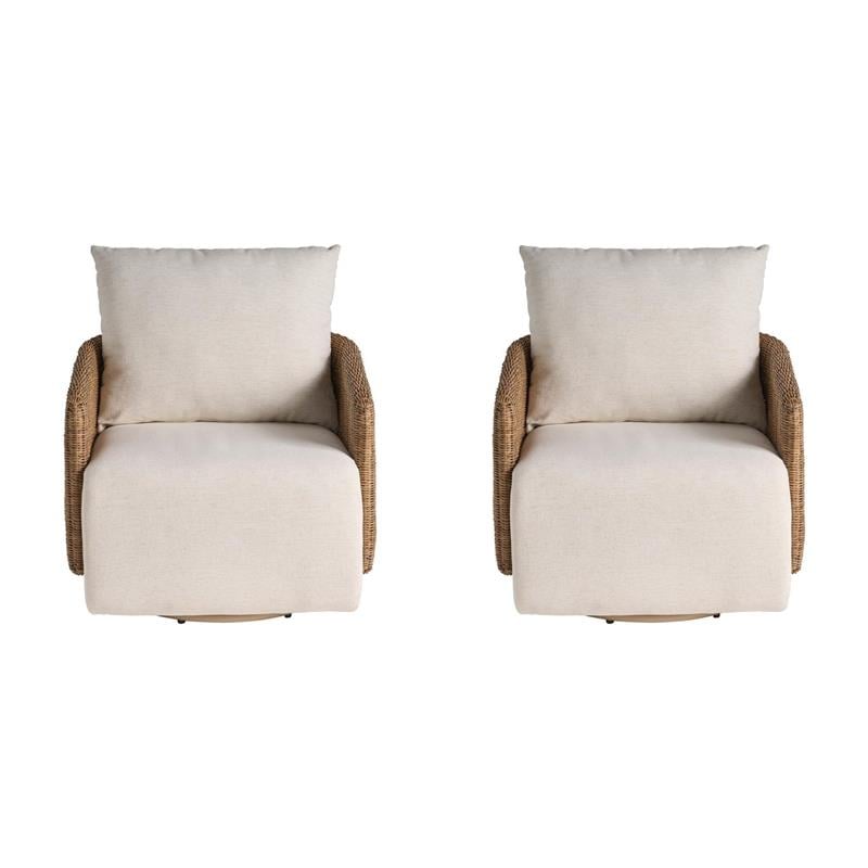 Pemberly Row Set of 2 Coastal Off White Wicker Swivel Chairs with Cushions