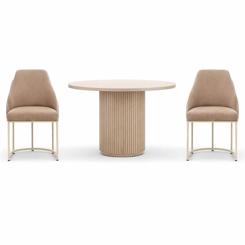 Pemberly Row Set of 3 Round Oak Dining Table and 2 Tan Vegan Leather Chairs