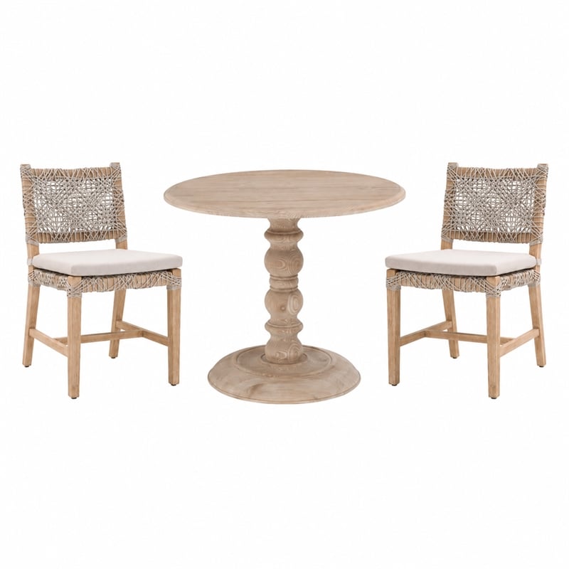 Pemberly Row Set of 3 Smoke Gray Round Dining Table and Woven Rope Chairs