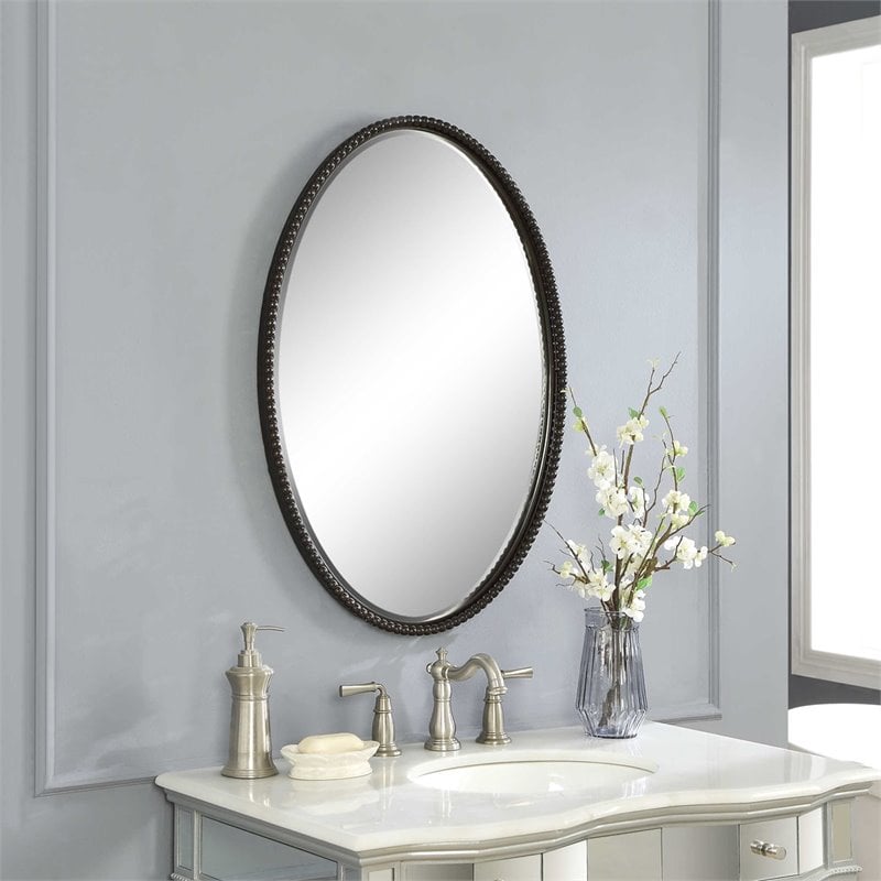 Beaumont Lane Beaded Metal Oval Wall Mirror in Light Distressed Bronze