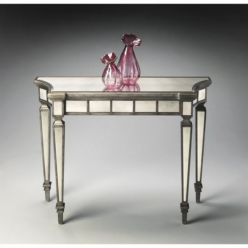 Beaumont Lane Modern Solid Wood Mirrored Console Table in Pewter