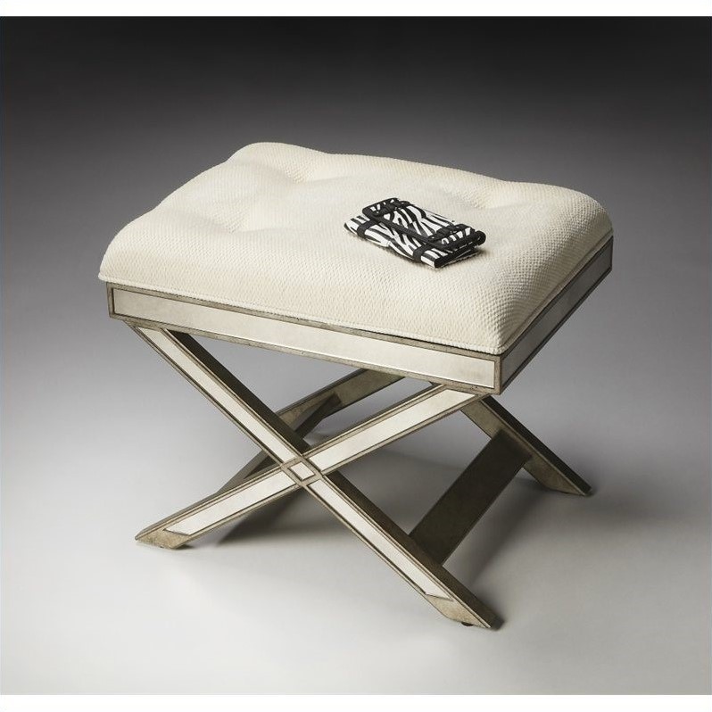 Beaumont Lane Cotton Upholstered Ivory and Pewter Vanity Stool Rectangular 25