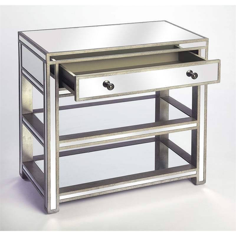 Beaumont Lane 2 Shelves Solid Wood Mirror Console Table in Silver