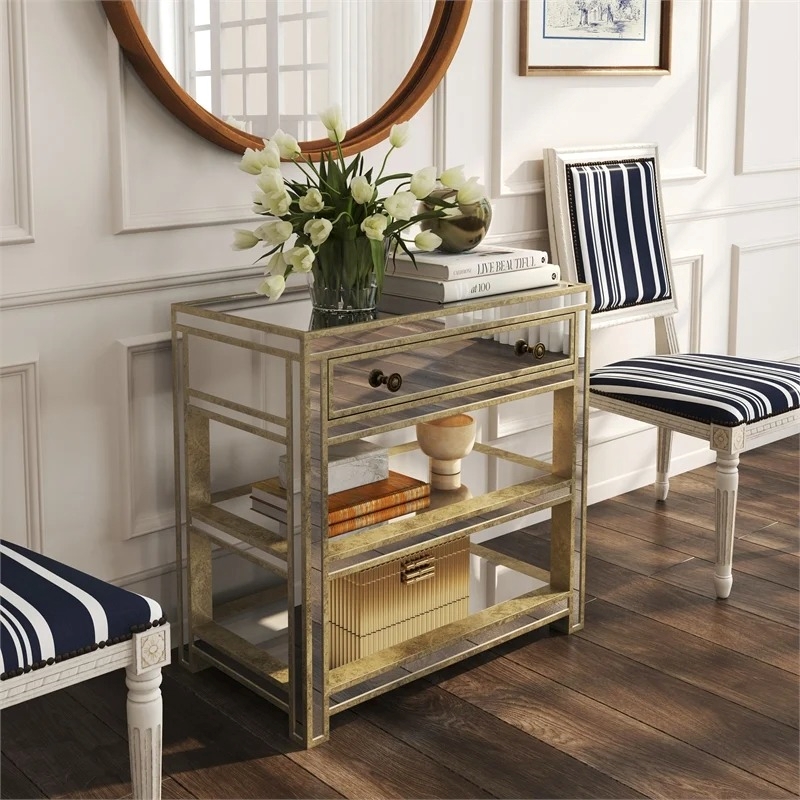 Beaumont Lane 2 Shelves Solid Wood Mirror Console Table in Silver
