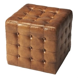 Beaumont Lane Modern Leather/Plywood Square Ottoman in Brown