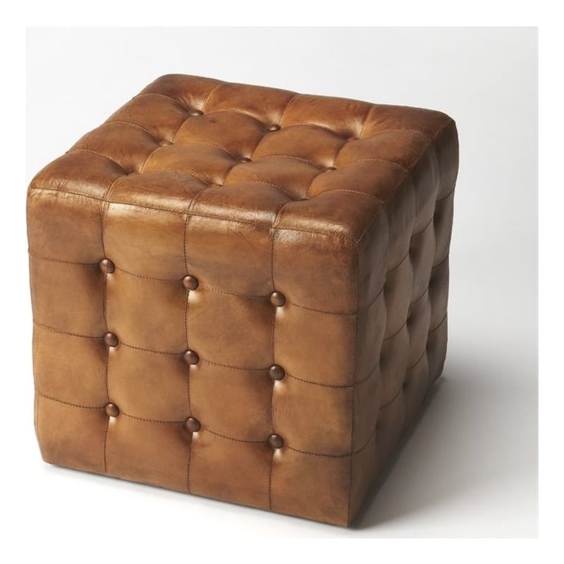 Beaumont Lane Modern Leather/Plywood Square Ottoman in Brown