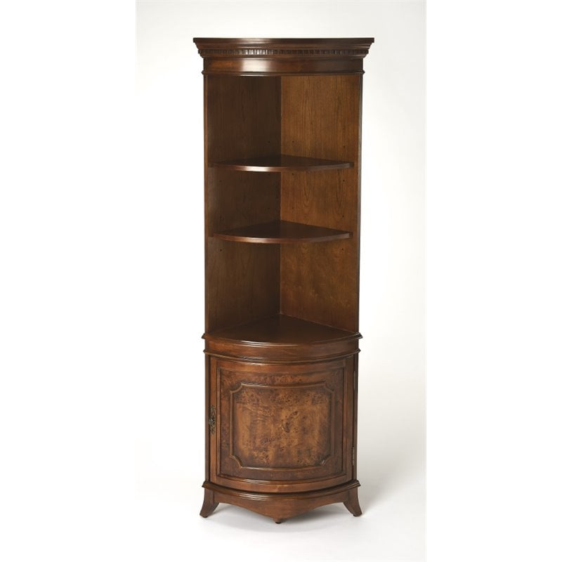 Beaumont Lane 3 Shelf Corner Bookcase in Warm Olive Ash Burl