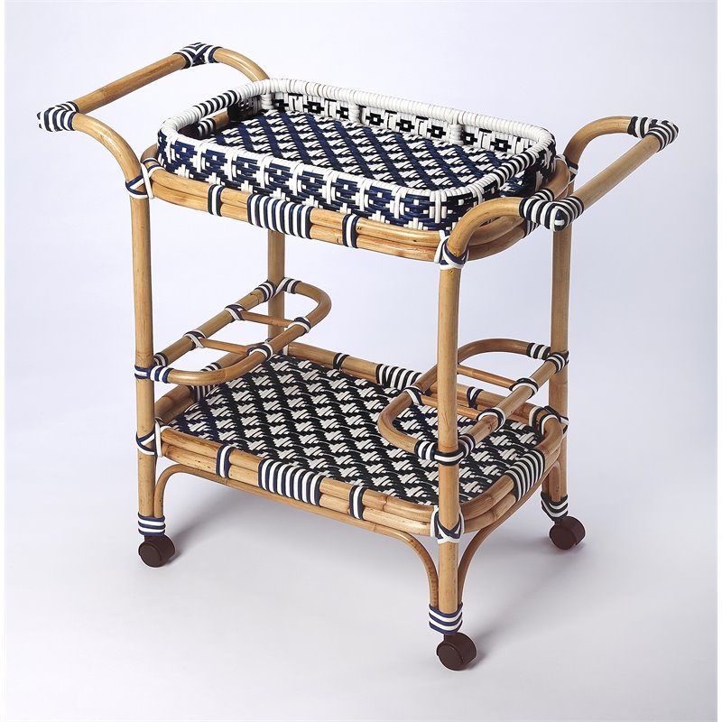 Beaumont Lane Island Living Rattan Bar Cart in Blue and White