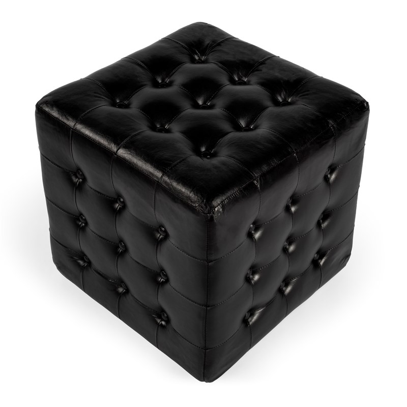 Beaumont Lane Leather Black Ottoman Cube 18