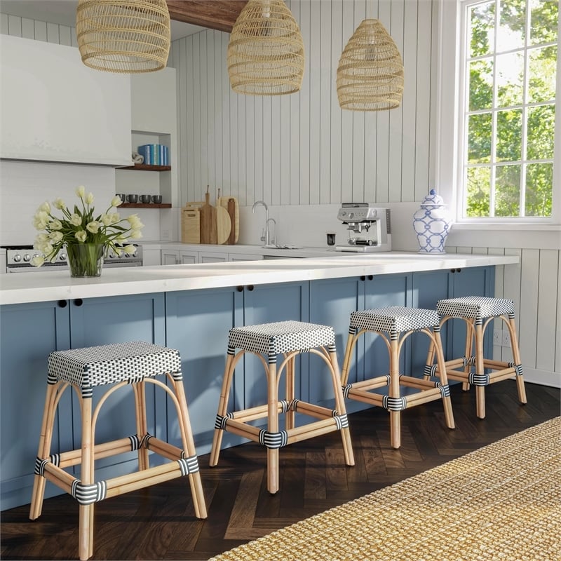 Beaumont Lane Rattan Navy Blue/White Counter Stool Rectangular Water Resistant 24.5
