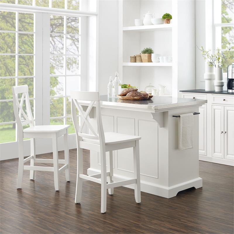 Beaumont Lane Transitional 3-piece Wood Kitchen Island Set in White