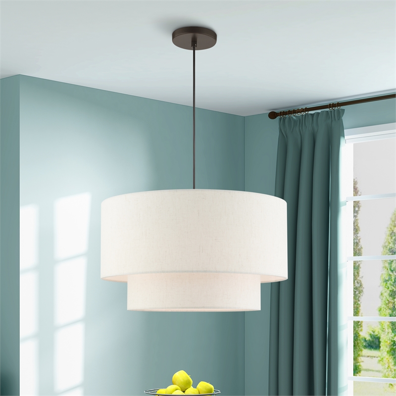 Beaumont Lane Modern 3-Light Metal & Fabric Pendant in English Bronze