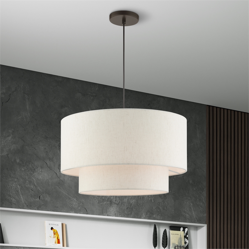 Beaumont Lane Modern 3-Light Metal & Fabric Pendant in English Bronze