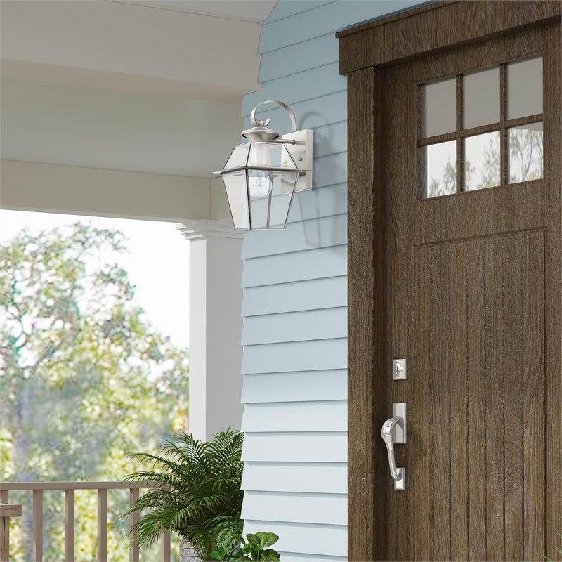 Beaumont Lane Traditional 1-Light Brass Outdoor Wall Lantern in Brushed Nickel