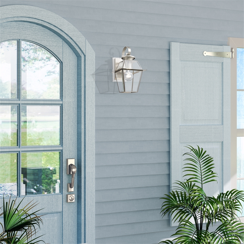 Beaumont Lane Traditional 1-Light Brass Outdoor Wall Lantern in Brushed Nickel