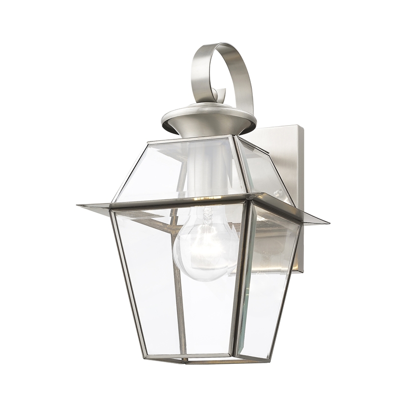 Beaumont Lane Traditional 1-Light Brass Outdoor Wall Lantern in Brushed Nickel