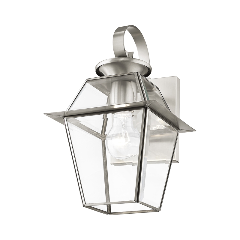 Beaumont Lane Traditional 1-Light Brass Outdoor Wall Lantern in Brushed Nickel