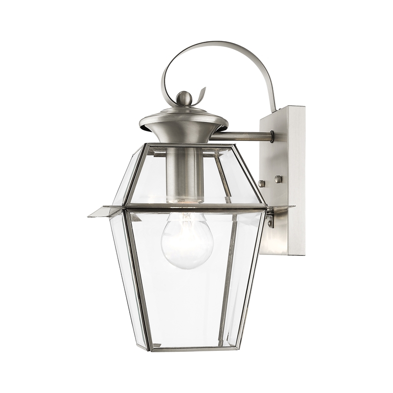 Beaumont Lane Traditional 1-Light Brass Outdoor Wall Lantern in Brushed Nickel